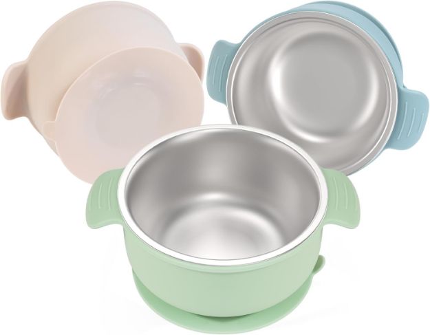Bella’s Friends Stainless Steel and Silicone Baby Bowls with Suction 3 Pack, 4.3” for Toddlers Kids Feeding, Non-Slip, Non-Toxic, Mess-Free, Dishwasher Safe, Fit High Chair Size,beige green light pink