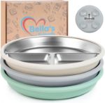 Bella’s Friends Stainless Steel Baby Plates with Suction 3 Pack, 8” Divided Toddler Plates with Removable Silicone Sleeves for Mess-Free Feeding