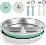 Bella’s Friends Baby Feeding Set, 2 Pack Stainless Steel Divided Plate with Silicone Suction, 2 Set Spoons and Forks, BPA Free, Dishwasher Safe, Baby Led Weaning Supplies