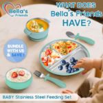 Bella’s Friends Baby Feeding Set, 2 Pack Stainless Steel Divided Plate with Silicone Suction, 2 Set Spoons and Forks, BPA Free, Dishwasher Safe, Baby Led Weaning Supplies